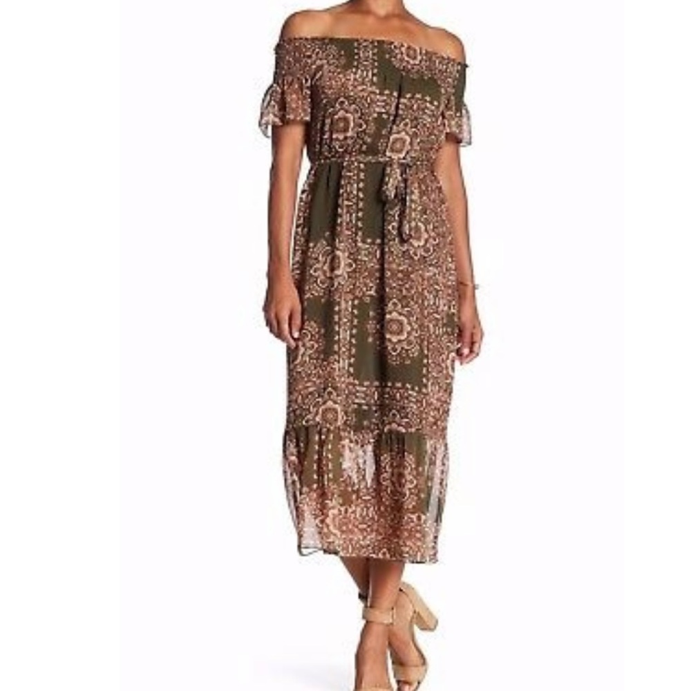 Nanette Lepore Off Shoulder Short Sleeve Green Ivory Maxi Dress 2 Tie Belt Boho